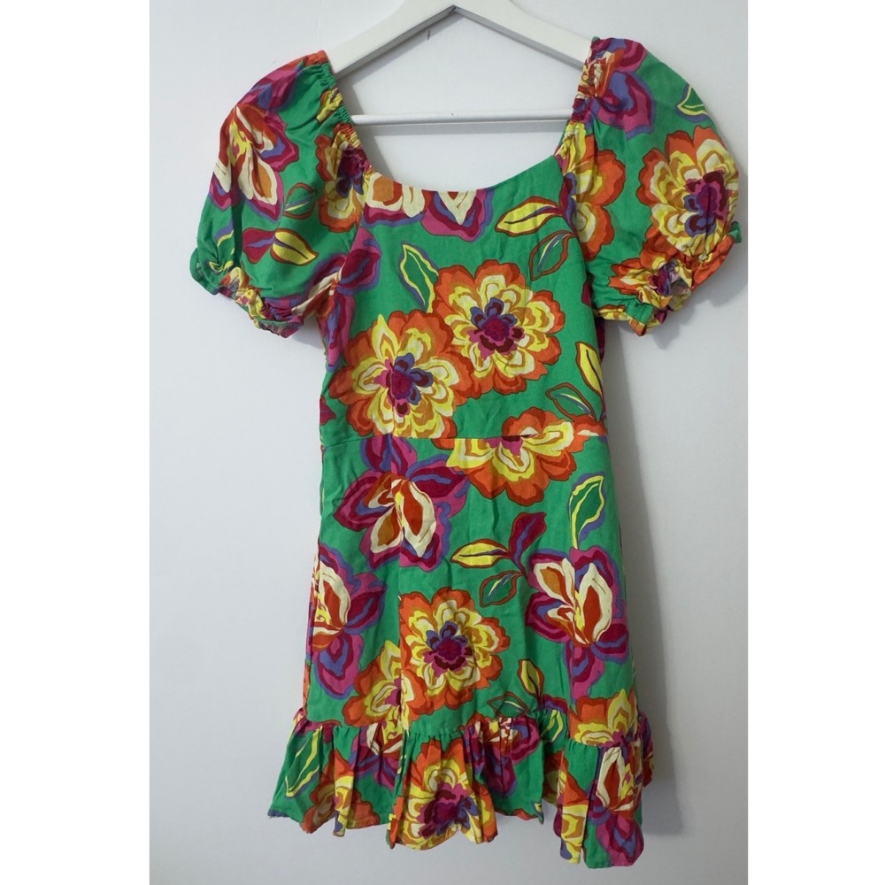 GB Girls Floral Mini Dress 12 Green Linen Blend Puff Sleeve Ruffle Summer Boho